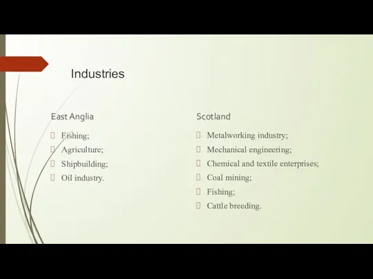 East Anglia Fishing; Agriculture; Shipbuilding; Oil industry. Metalworking industry; Mechanical