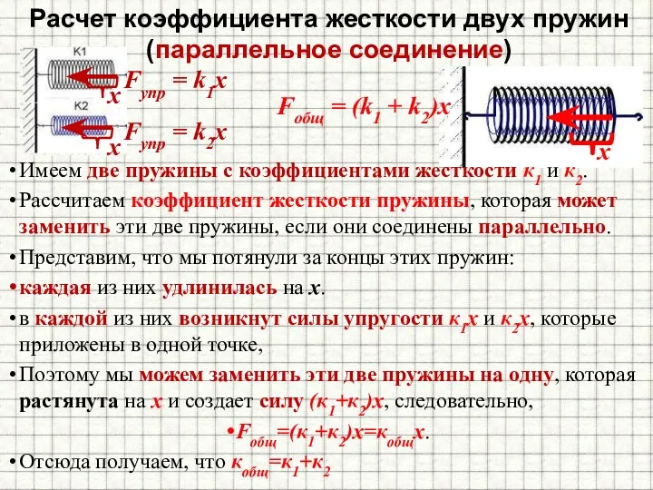 Расчет коэффициента жесткости двух пружин (параллельное соединение) Имеем две пружины