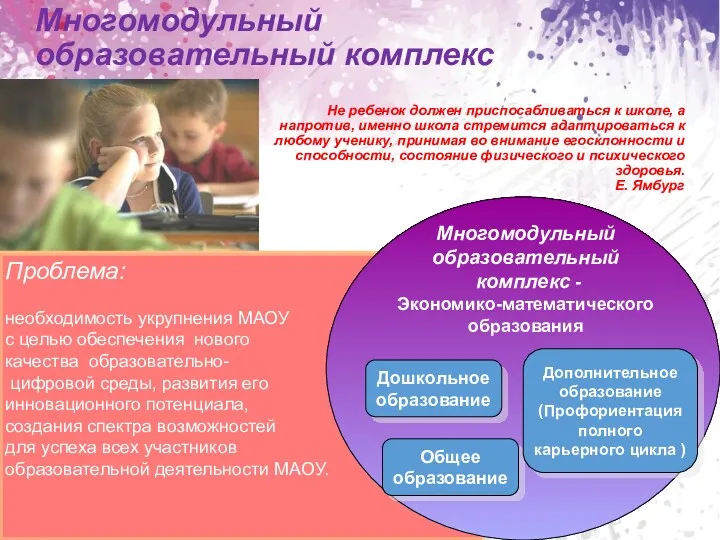 Проблема: необходимость укрупнения МАОУ с целью обеспечения нового качества образовательно-