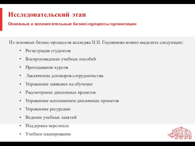 Исследовательский этап Основные и вспомогательные бизнес-процессы организации Из основных бизнес-процессов