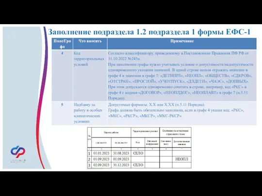 Заполнение подраздела 1.2 подраздела 1 формы ЕФС-1