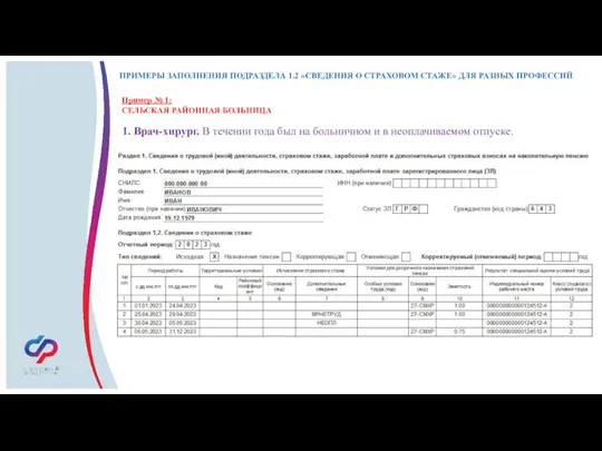 ПРИМЕРЫ ЗАПОЛНЕНИЯ ПОДРАЗДЕЛА 1.2 «СВЕДЕНИЯ О СТРАХОВОМ СТАЖЕ» ДЛЯ РАЗНЫХ