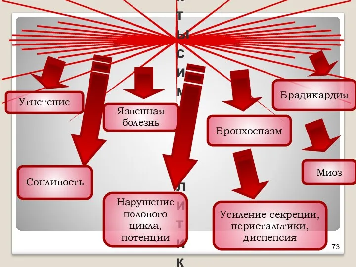 Побочные эффекты симпатолитиков Угнетение Сонливость Язвенная болезнь Нарушение полового цикла,