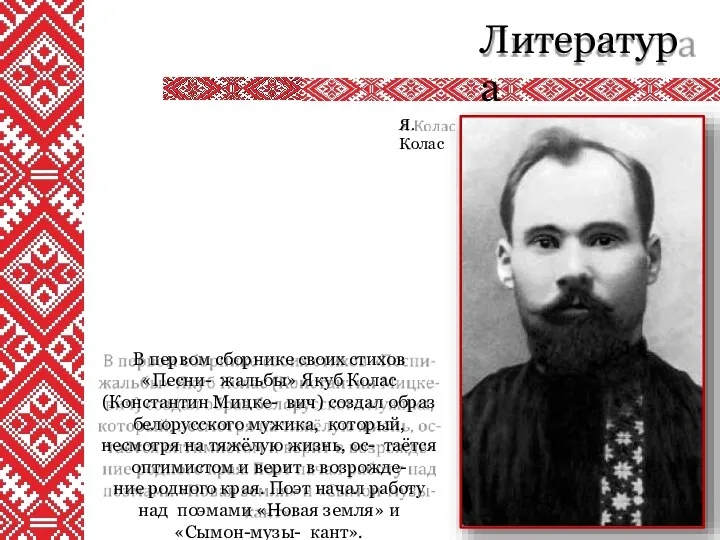 Литература В первом сборнике своих стихов «Песни- жальбы» Якуб Колас