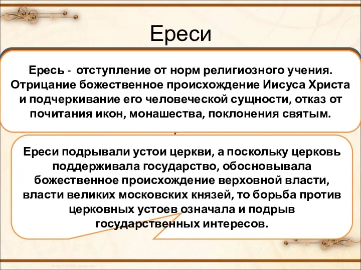 Ереси Ереси (от греческого слова «ересис», что означает «особое вероучение»)