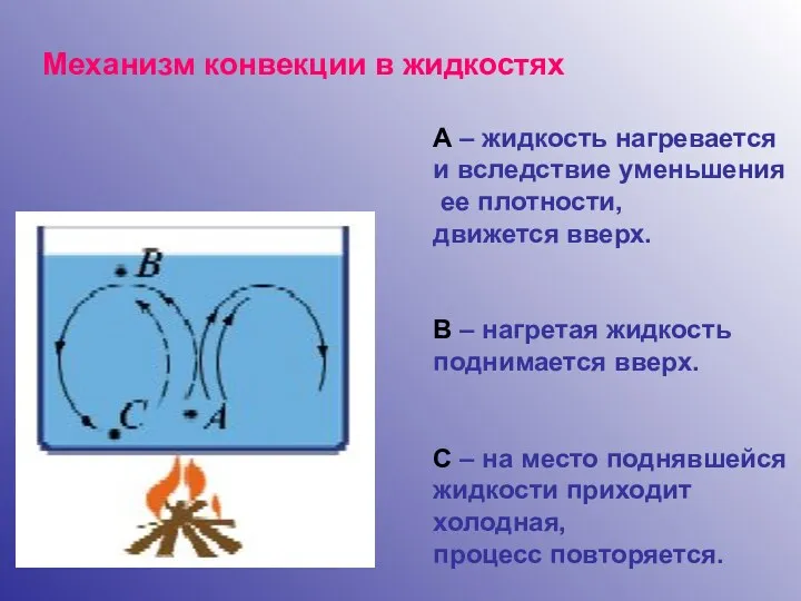 Механизм конвекции в жидкостях А – жидкость нагревается и вследствие