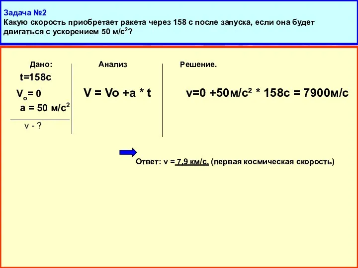 Задача №2 Какую скорость приобретает ракета через 158 с после