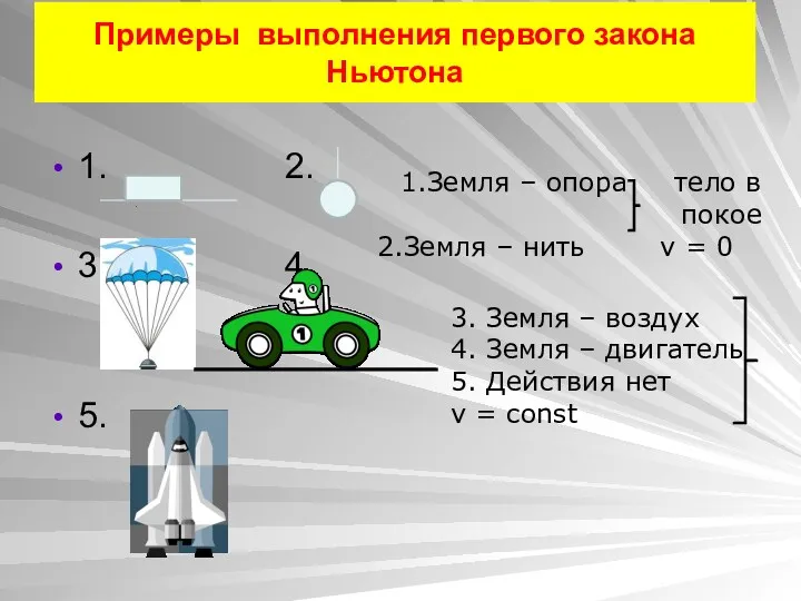 Примеры выполнения первого закона Ньютона 1. 2. 3. 4. 5.