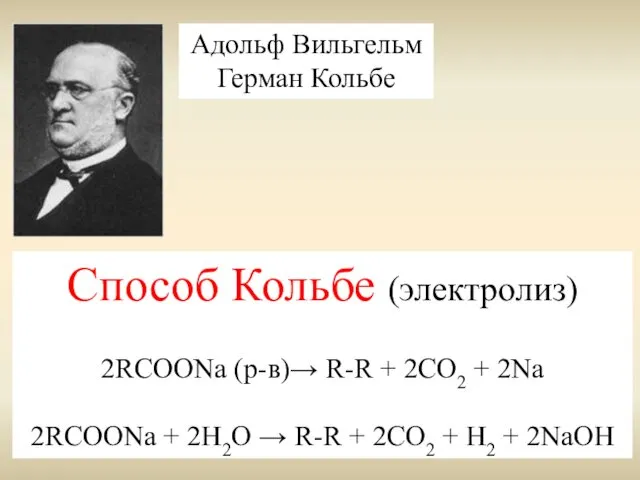 Способ Кольбе (электролиз) 2RCOONa (р-в)→ R-R + 2CO2 + 2Na 2RCOONa + 2H2O