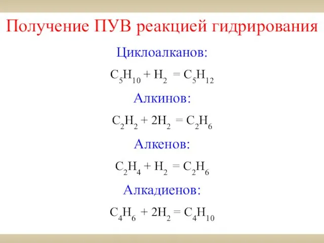 Получение ПУВ реакцией гидрирования Циклоалканов: С5Н10 + Н2 = С5Н12