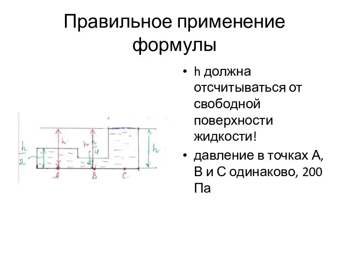 Правильное применение формулы h должна отсчитываться от свободной поверхности жидкости!