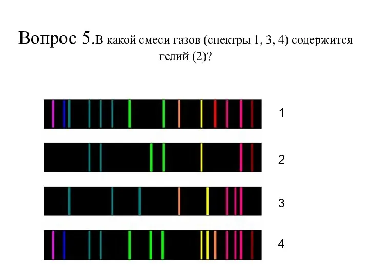 Вопрос 5.В какой смеси газов (спектры 1, 3, 4) содержится гелий (2)? 1 2 3 4