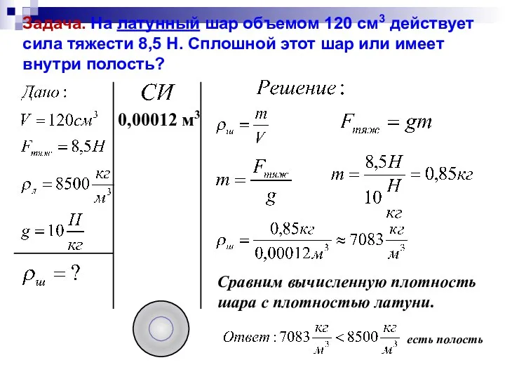 Задача. На латунный шар объемом 120 см3 действует сила тяжести