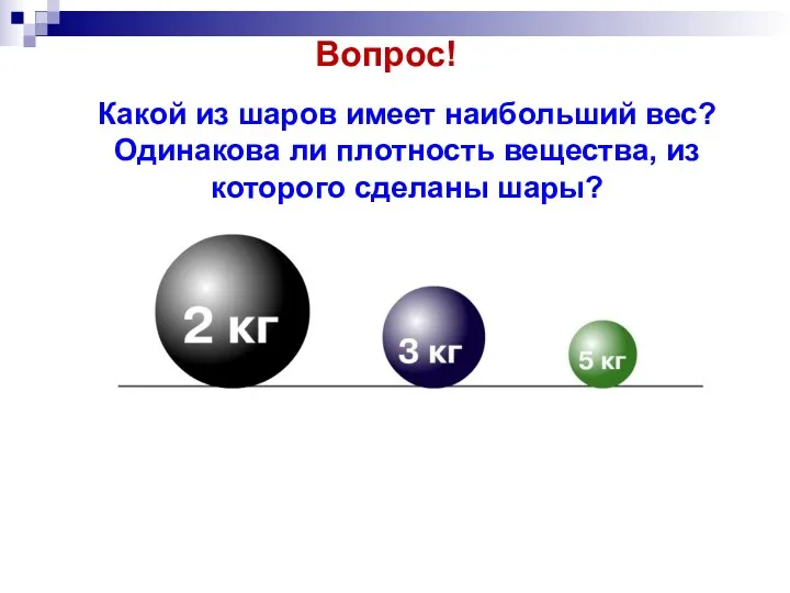 Вопрос! Какой из шаров имеет наибольший вес? Одинакова ли плотность вещества, из которого сделаны шары?