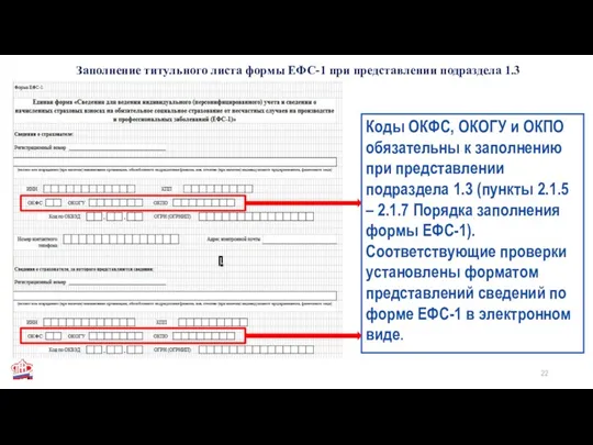 Заполнение титульного листа формы ЕФС-1 при представлении подраздела 1.3 Коды