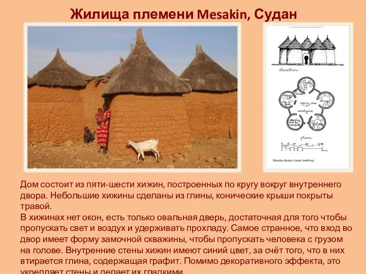 Жилища племени Mesakin, Судан Дом состоит из пяти-шести хижин, построенных по кругу вокруг