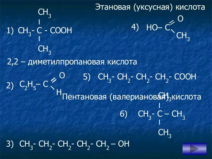 СН3- СН2- СН2- СН2- СООН 1) 4) 2) 5) 6)