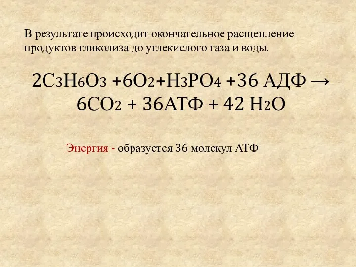 2С3Н6О3 +6О2+Н3РО4 +36 АДФ → 6СО2 + 36АТФ + 42