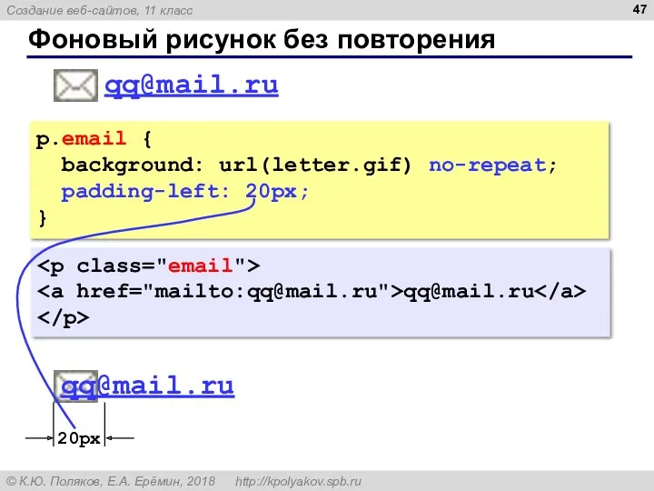 Фоновый рисунок без повторения p.email { background: url(letter.gif) no-repeat; padding-left: 20px; } qq@mail.ru qq@mail.ru qq@mail.ru