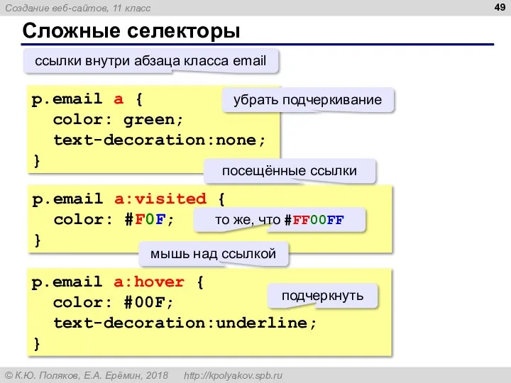Сложные селекторы p.email a { color: green; text-decoration:none; } p.email