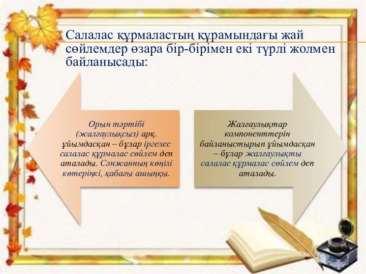 Салалас құрмаластың құрамындағы жай сөйлемдер өзара бір-бірімен екі түрлі жолмен байланысады: