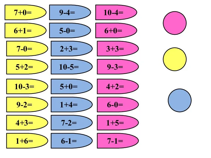 7+0= 9-4= 10-4= 6+1= 5-0= 6+0= 7-0= 2+3= 3+3= 5+2=