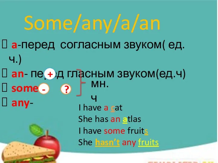 Some/any/a/an a-перед согласным звуком( ед.ч.) an- перед гласным звуком(ед.ч) some-