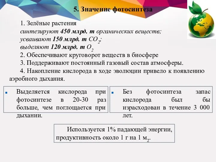 1. Зелёные растения синтезируют 450 млрд. т органических веществ; усваивают