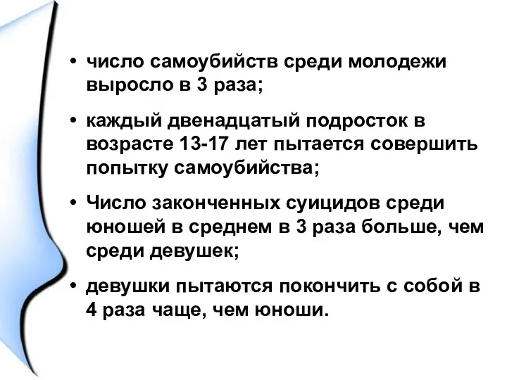 число самоубийств среди молодежи выросло в 3 раза; каждый двенадцатый