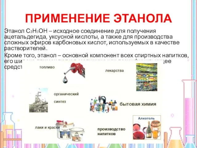 ПРИМЕНЕНИЕ ЭТАНОЛА Этанол С2Н5ОН – исходное соединение для получения ацетальдегида,