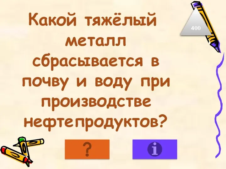 Какой тяжёлый металл сбрасывается в почву и воду при производстве нефтепродуктов? 400