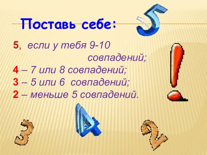 Поставь себе: 5, если у тебя 9-10 совпадений; 4 –