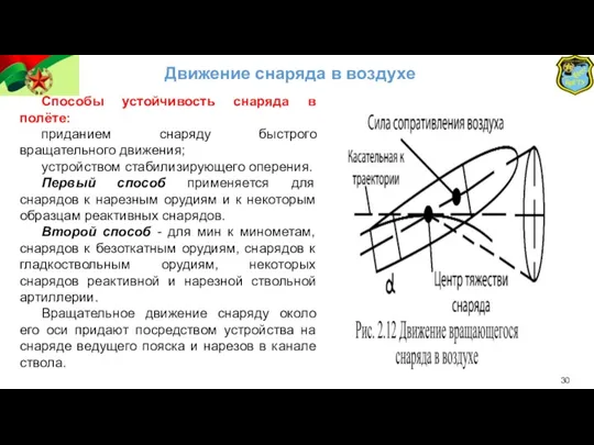 Движение снаряда в воздухе Способы устойчивость снаряда в полёте: приданием