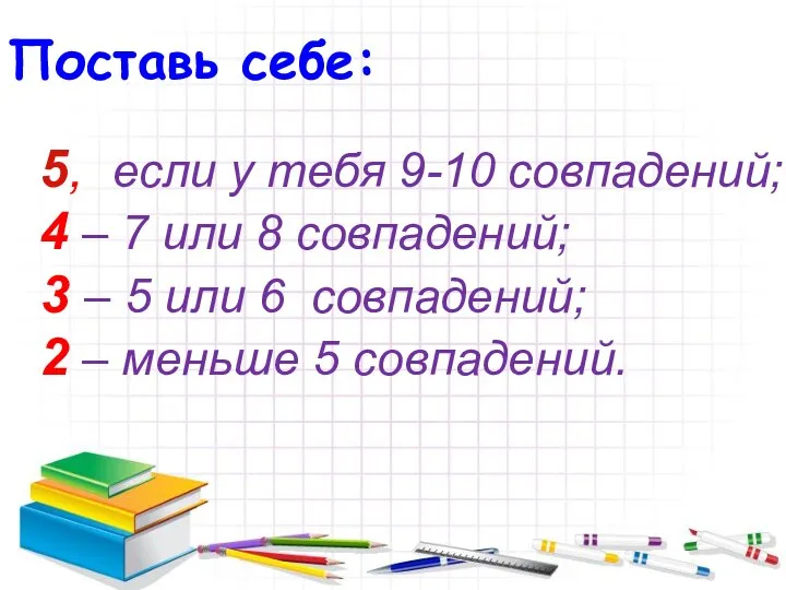 Поставь себе: 5, если у тебя 9-10 совпадений; 4 –