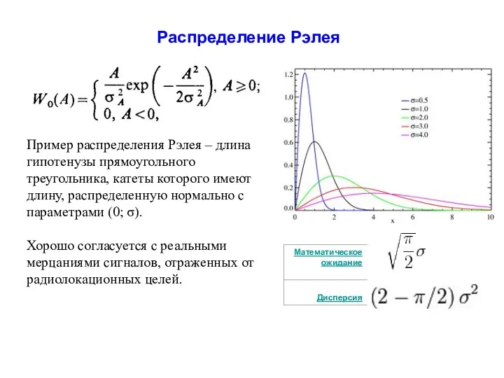 Распределение Рэлея Пример распределения Рэлея – длина гипотенузы прямоугольного треугольника,