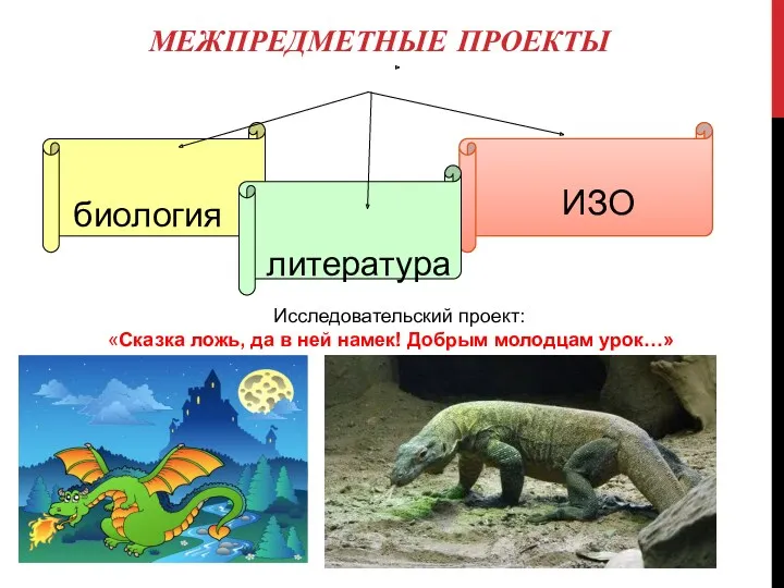 МЕЖПРЕДМЕТНЫЕ ПРОЕКТЫ биология ИЗО литература Исследовательский проект: «Сказка ложь, да в ней намек! Добрым молодцам урок…»
