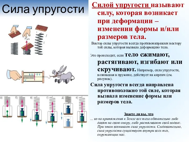 Сила упругости Силой упругости называют силу, которая возникает при деформации