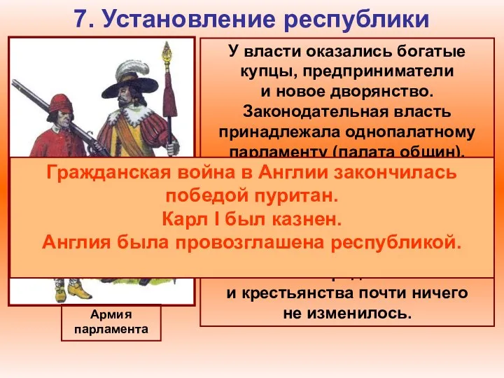 7. Установление республики Армия парламента У власти оказались богатые купцы,