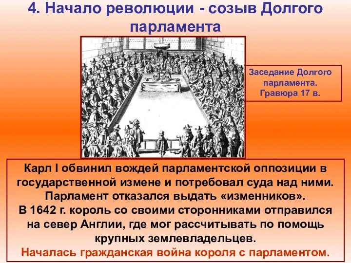 4. Начало революции - созыв Долгого парламента Заседание Долгого парламента.