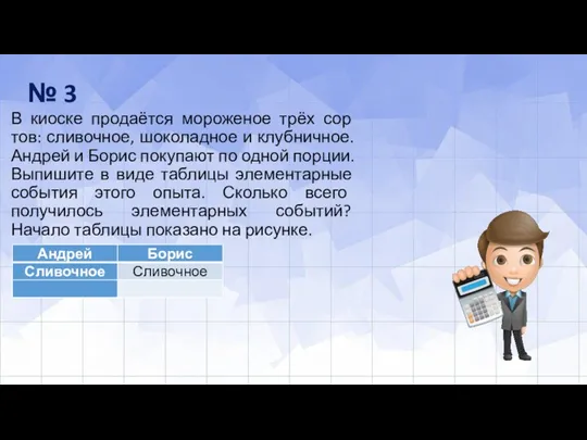 В киоске продаётся мороженое трёх сор­тов: сливочное, шоколадное и клубничное.