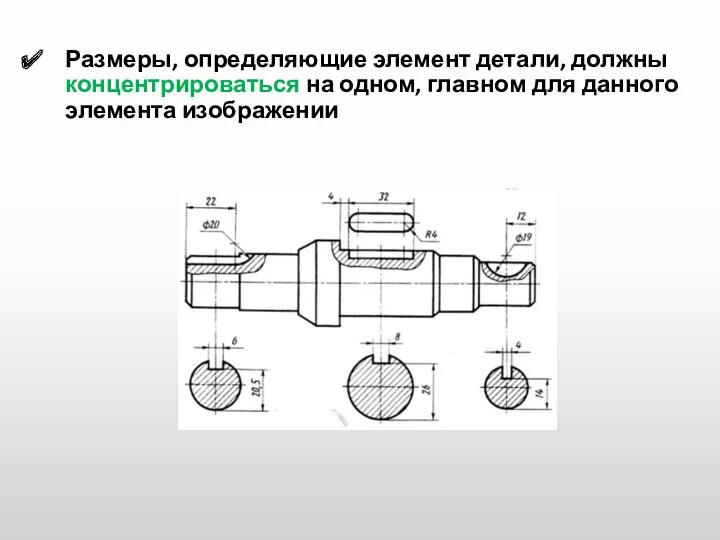 Размеры, определяющие элемент детали, должны концентрироваться на одном, главном для данного элемента изображении