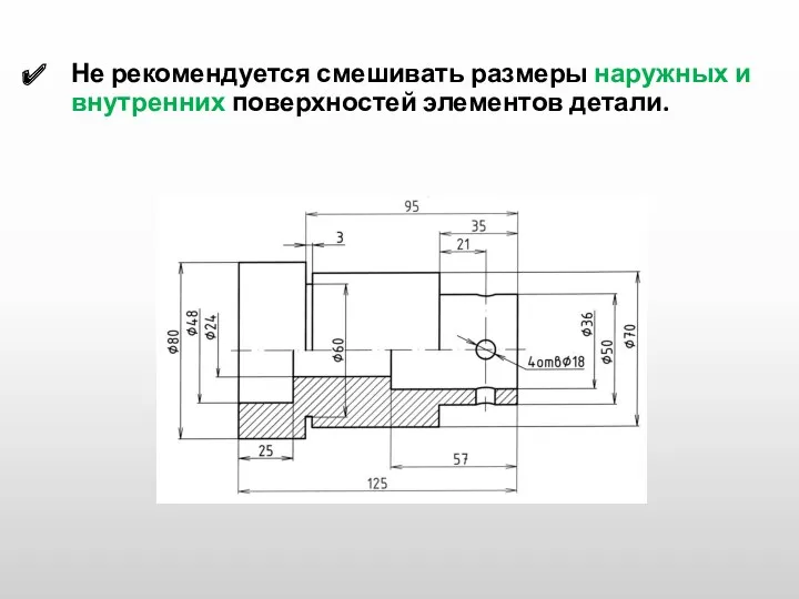 Не рекомендуется смешивать размеры наружных и внутренних поверхностей элементов детали.