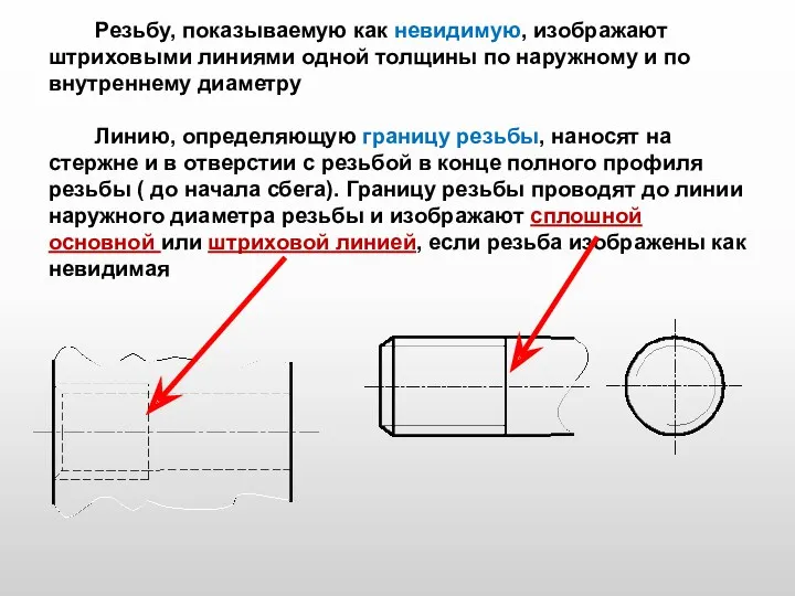 Резьбу, показываемую как невидимую, изображают штриховыми линиями одной толщины по