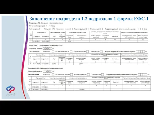 Заполнение подраздела 1.2 подраздела 1 формы ЕФС-1