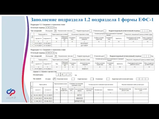 Заполнение подраздела 1.2 подраздела 1 формы ЕФС-1