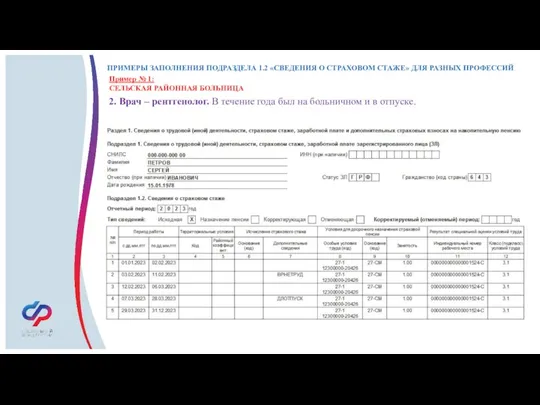 ПРИМЕРЫ ЗАПОЛНЕНИЯ ПОДРАЗДЕЛА 1.2 «СВЕДЕНИЯ О СТРАХОВОМ СТАЖЕ» ДЛЯ РАЗНЫХ