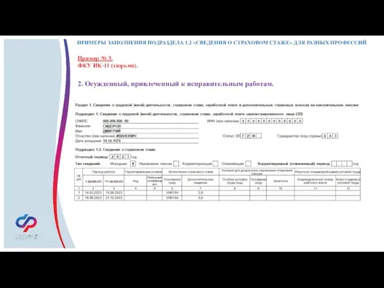 ПРИМЕРЫ ЗАПОЛНЕНИЯ ПОДРАЗДЕЛА 1.2 «СВЕДЕНИЯ О СТРАХОВОМ СТАЖЕ» ДЛЯ РАЗНЫХ