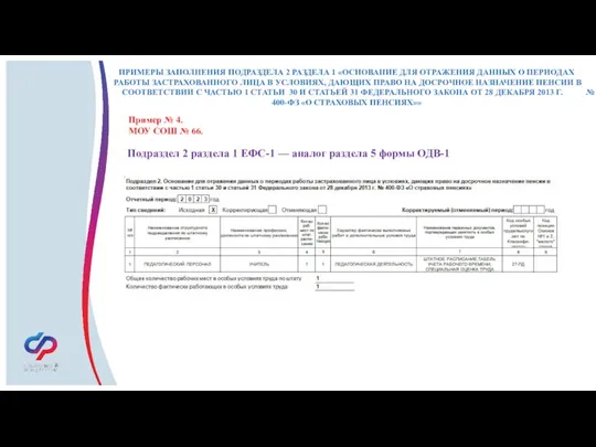 ПРИМЕРЫ ЗАПОЛНЕНИЯ ПОДРАЗДЕЛА 2 РАЗДЕЛА 1 «ОСНОВАНИЕ ДЛЯ ОТРАЖЕНИЯ ДАННЫХ