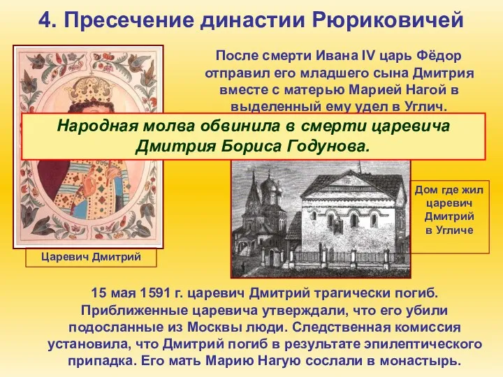 4. Пресечение династии Рюриковичей Царевич Дмитрий После смерти Ивана IV