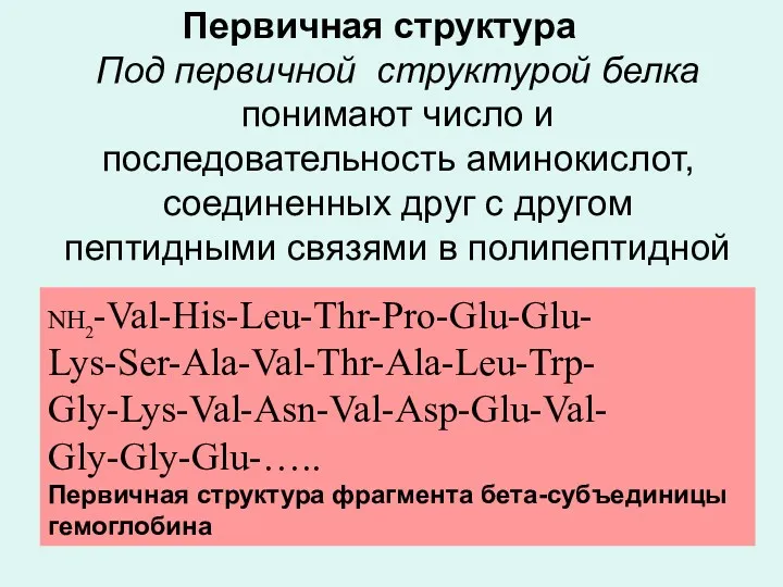 Первичная структура Под первичной структурой белка понимают число и последовательность